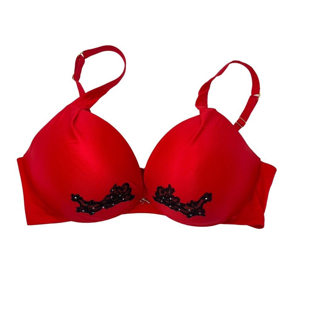 Victoria's Secret Very Sexy Padded Plunge Pushup Bra 36D  Underwired Red Jeweled